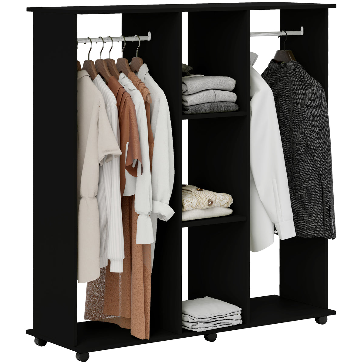 Armoire penderie Meuble de Rangement Mobile 6 roulettes 120L x 40l x 128H cm en bois Noir