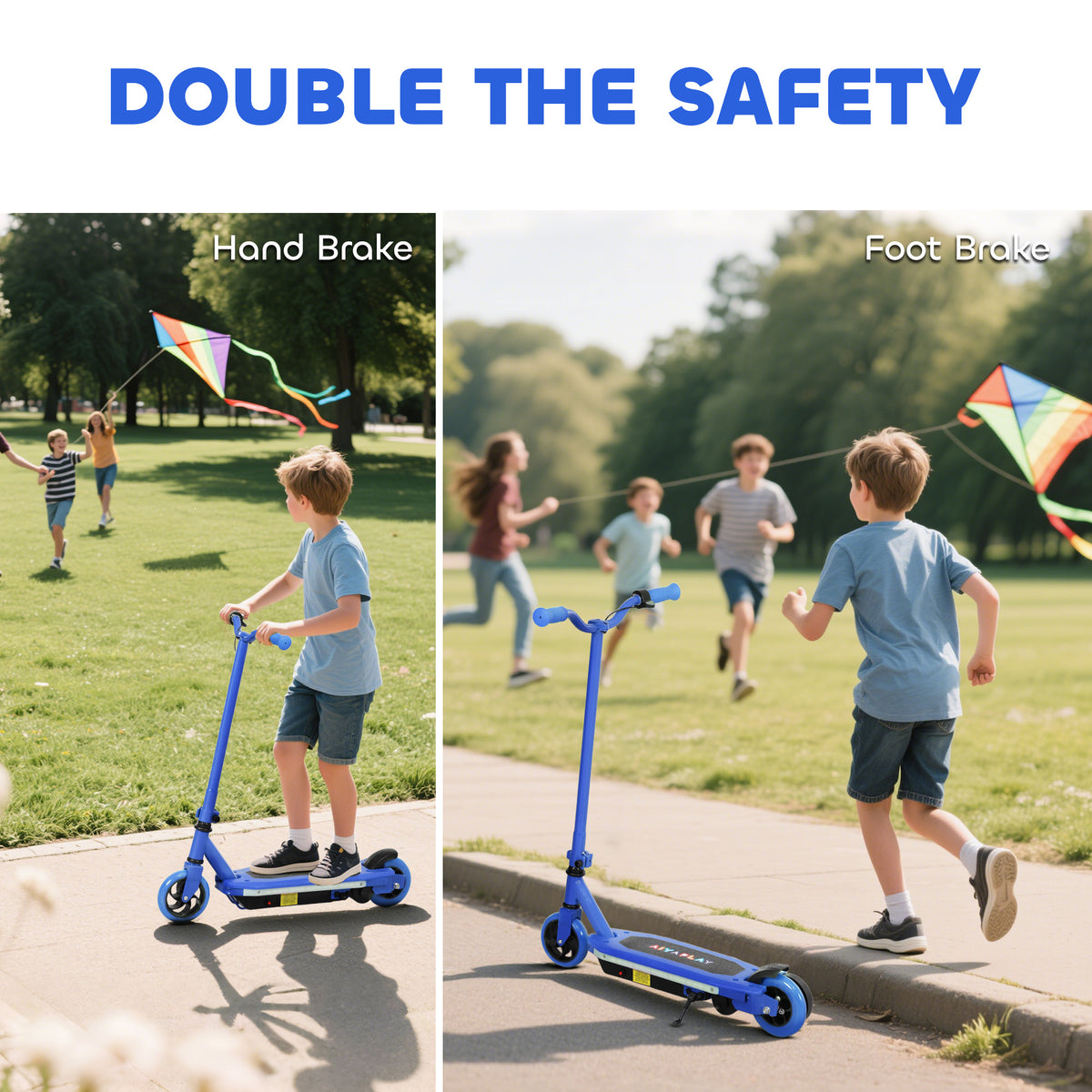 Trottinette électrique pour enfants 6-14 ans, vitesse maximale 10 km/h, lumières LED colorées, frein électrique, bleu