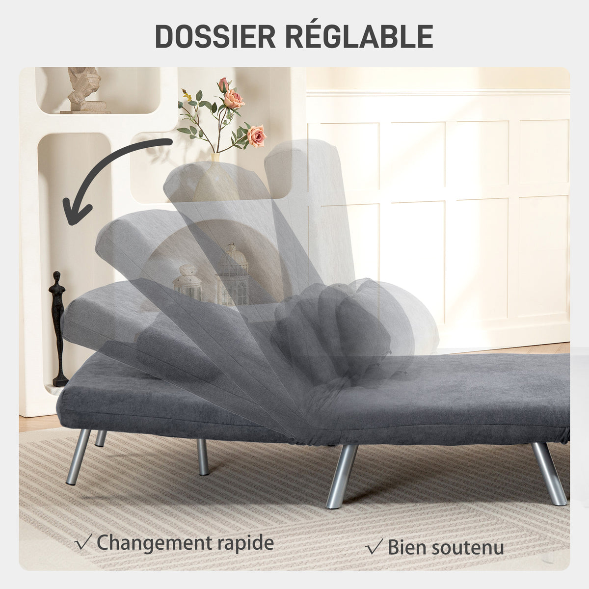 Fauteuil convertible 1 place, fauteuil-lit clic-clac 3 en 1 avec dossier réglable, oreiller, assise large, gris foncé