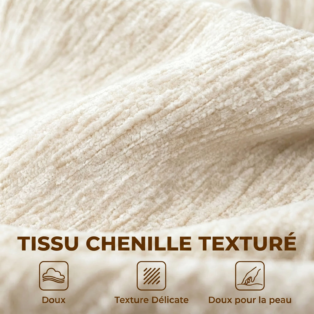 Canapé d'angle 256 cm avec méridienne, canapé-lit 3 places en chenille forme de L, assise et accoudoirs larges, beige