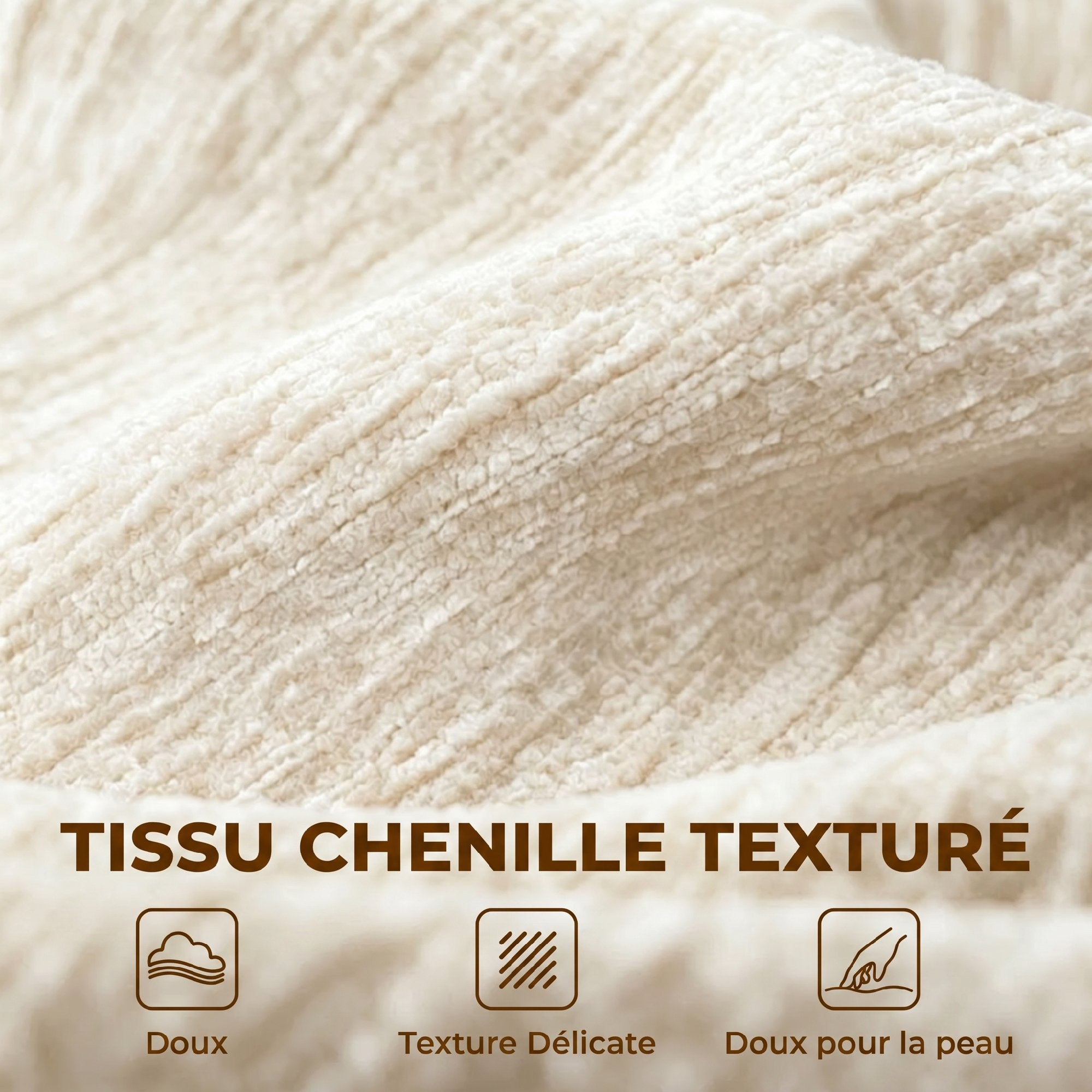 Canapé d'angle 256 cm avec méridienne, canapé-lit 3 places en chenille forme de L, assise et accoudoirs larges, beige