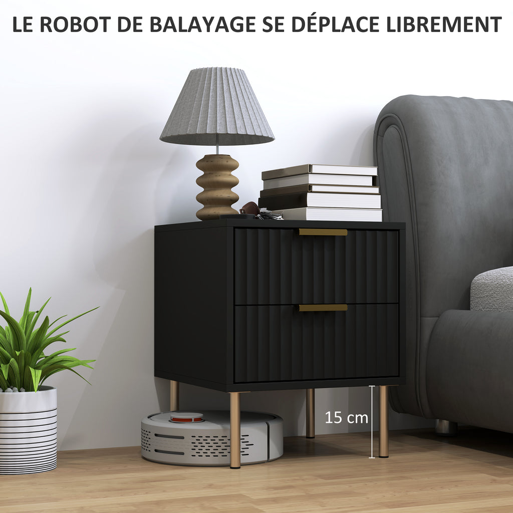 Table de chevet, table de nuit cannelée avec 2 tiroirs et pieds en acier, pour chambre à coucher, salon, noir