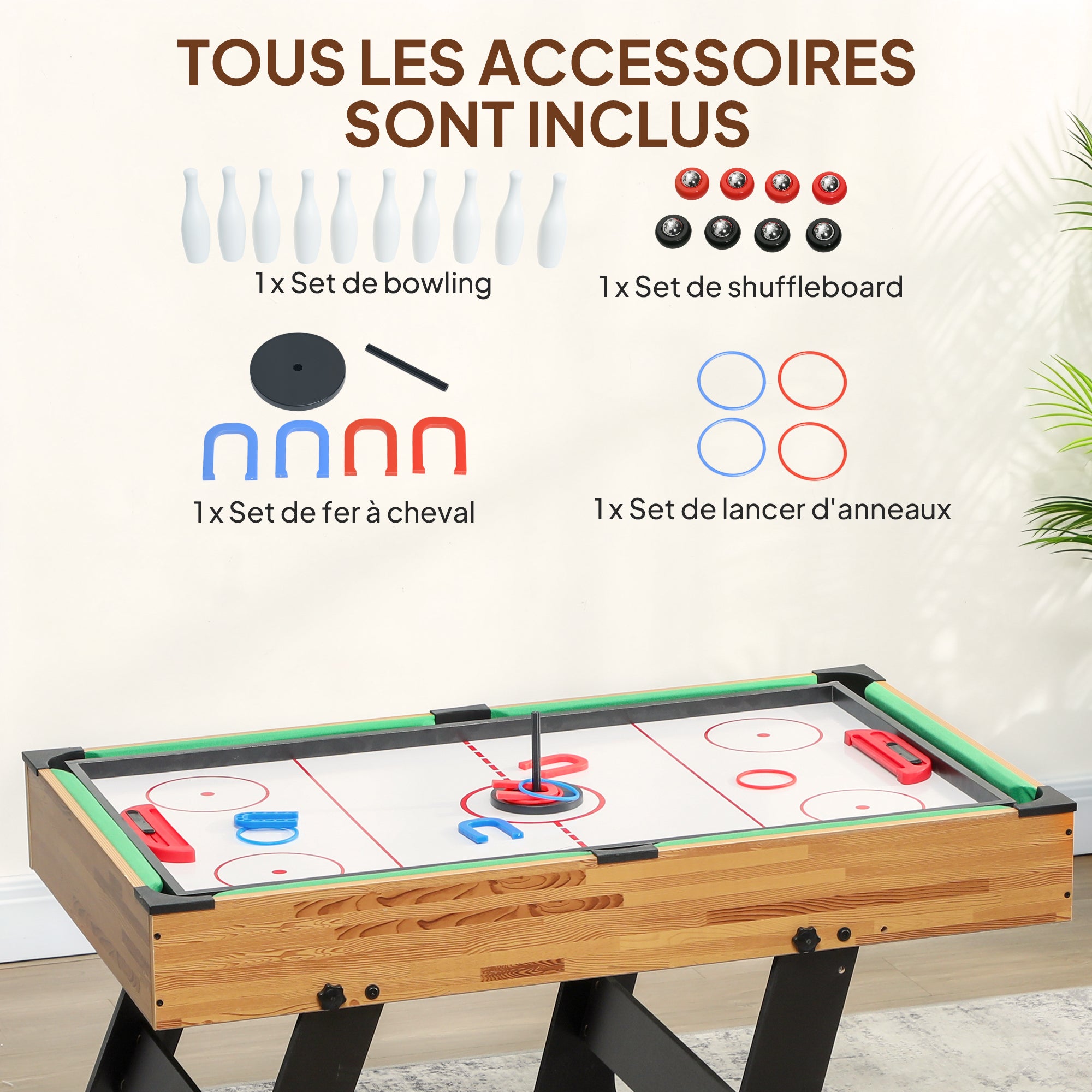 Table multijeux 13 en 1 pliable, table de jeu baby-foot, billard, pour enfants et adultes 120 x 106 x 82 cm noyer clair