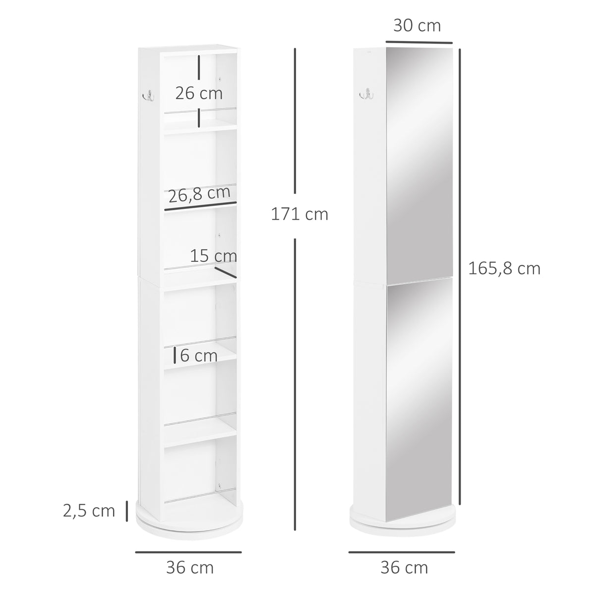 Meuble colonne de salle de bain pivotant avec miroir 6 étagères 36 x 36 x 171 cm blanc