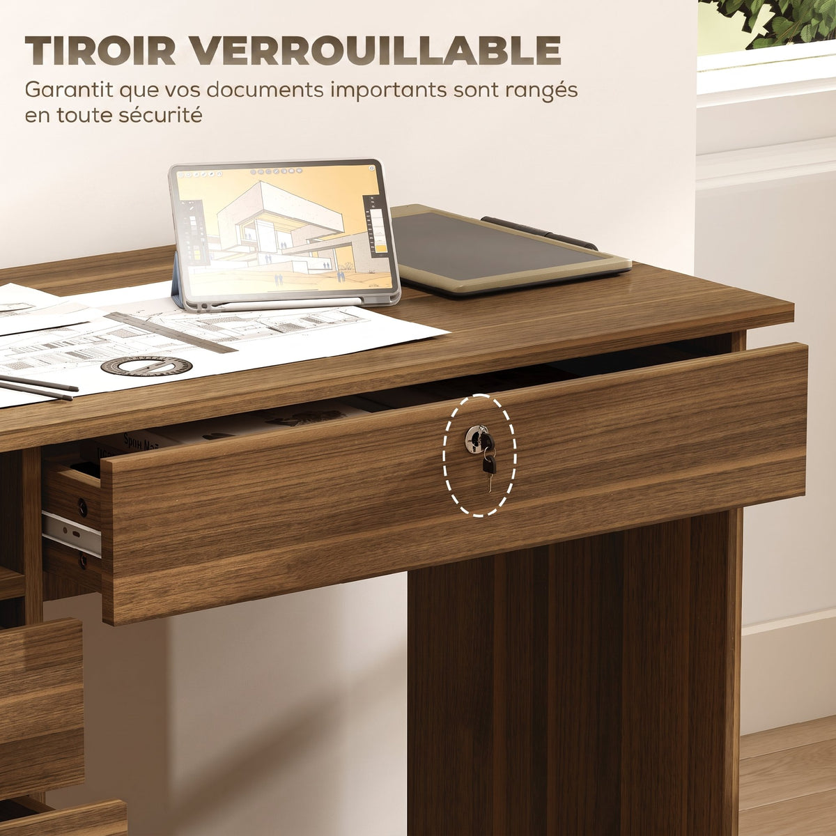 Bureau Informatique avec 5 Tiroirs, 110 x 50 cm, Bureau avec Rangement, Étagère Ouverte, Tiroir Verrouillable, Noyer