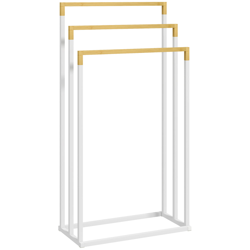 Porte-serviettes en bambou et acier sur pieds avec 3 barres support pour serviette 45 x 22,5 x 86 cm blanc et naturel