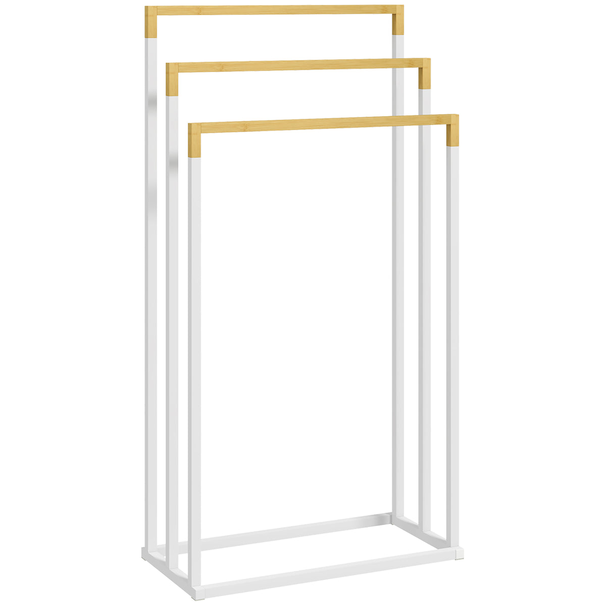 Porte-serviettes en bambou et acier sur pieds avec 3 barres support pour serviette 45 x 22,5 x 86 cm blanc et naturel