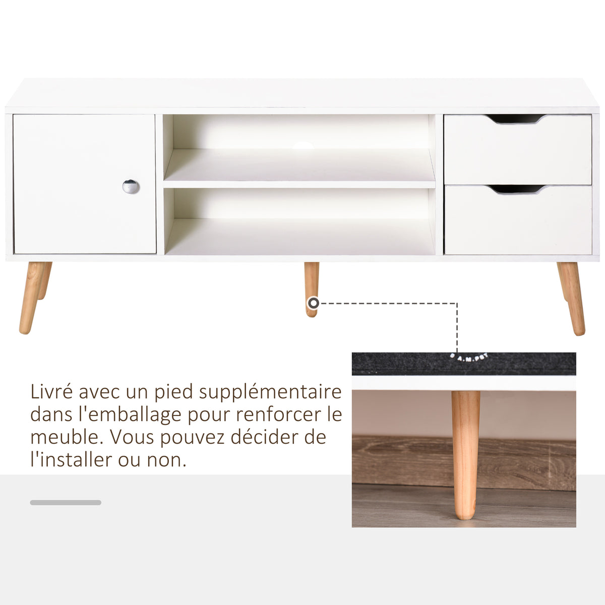 Meuble TV Banc TV Style scandinave Placard 2 niches 2 tiroirs Passe-Fils Panneaux Particules Blanc Bois pin