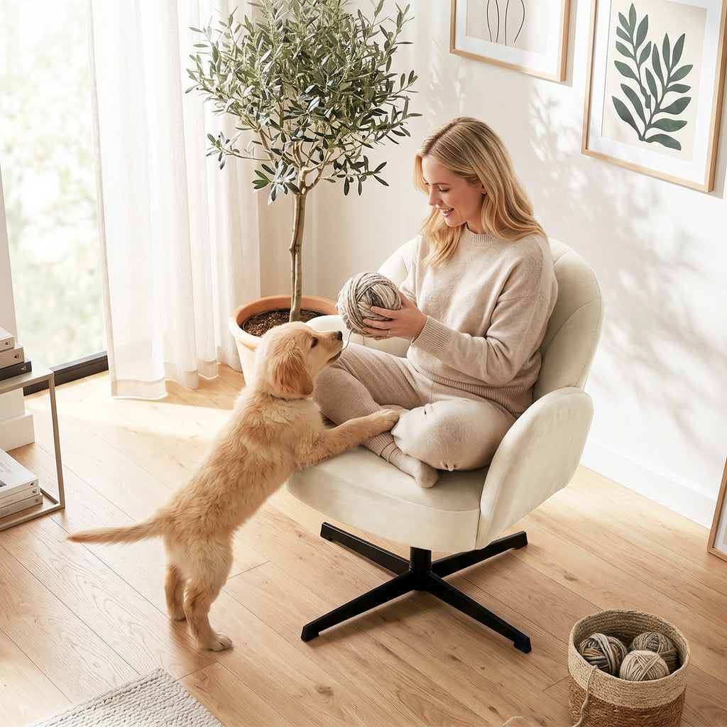 Fauteuil salon pivotant fauteuil d'appoint rembourré en velours dossier en forme de coquille coussin à ressorts beige