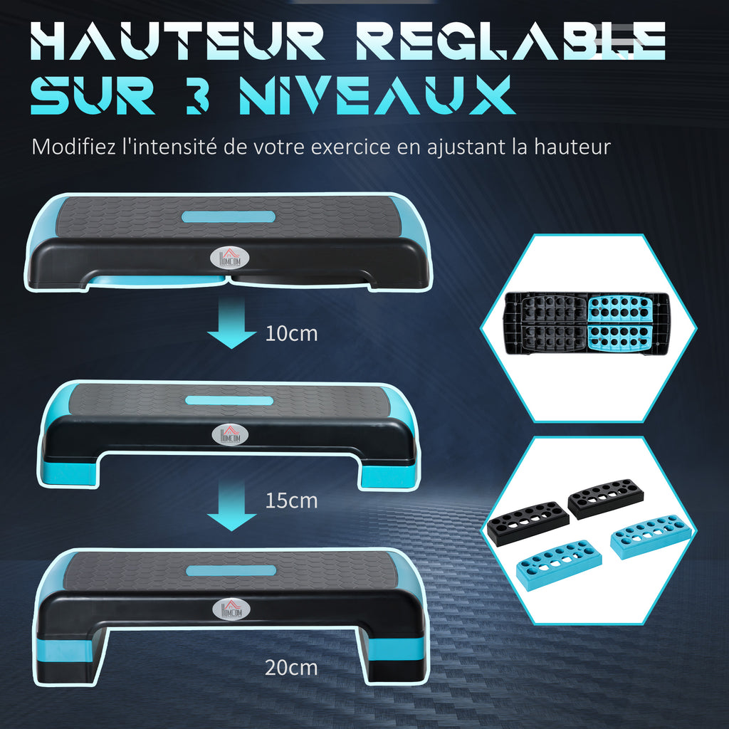 Stepper aérobic fitness hauteur réglable 3 niveaux surface antidérapante 78 x 28 x 20 cm noir et bleu