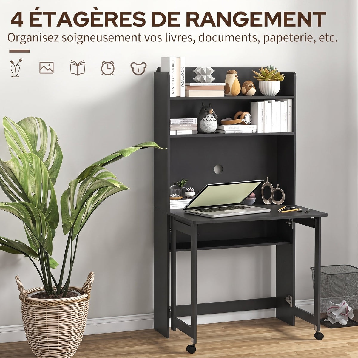 Bureau Informatique avec Étagères de Rangement, Plateau Rabattable, 2 Roulettes, pour Chambre, Salon, 80x69x155cm, Noir