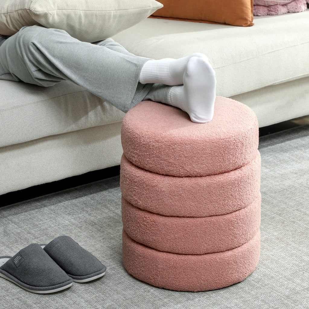 Repose pied salon, tabouret ottoman rond rembourré en peluche Teddy, pour chambre à coucher, entrée, Ø 40 x 45 cm, rose