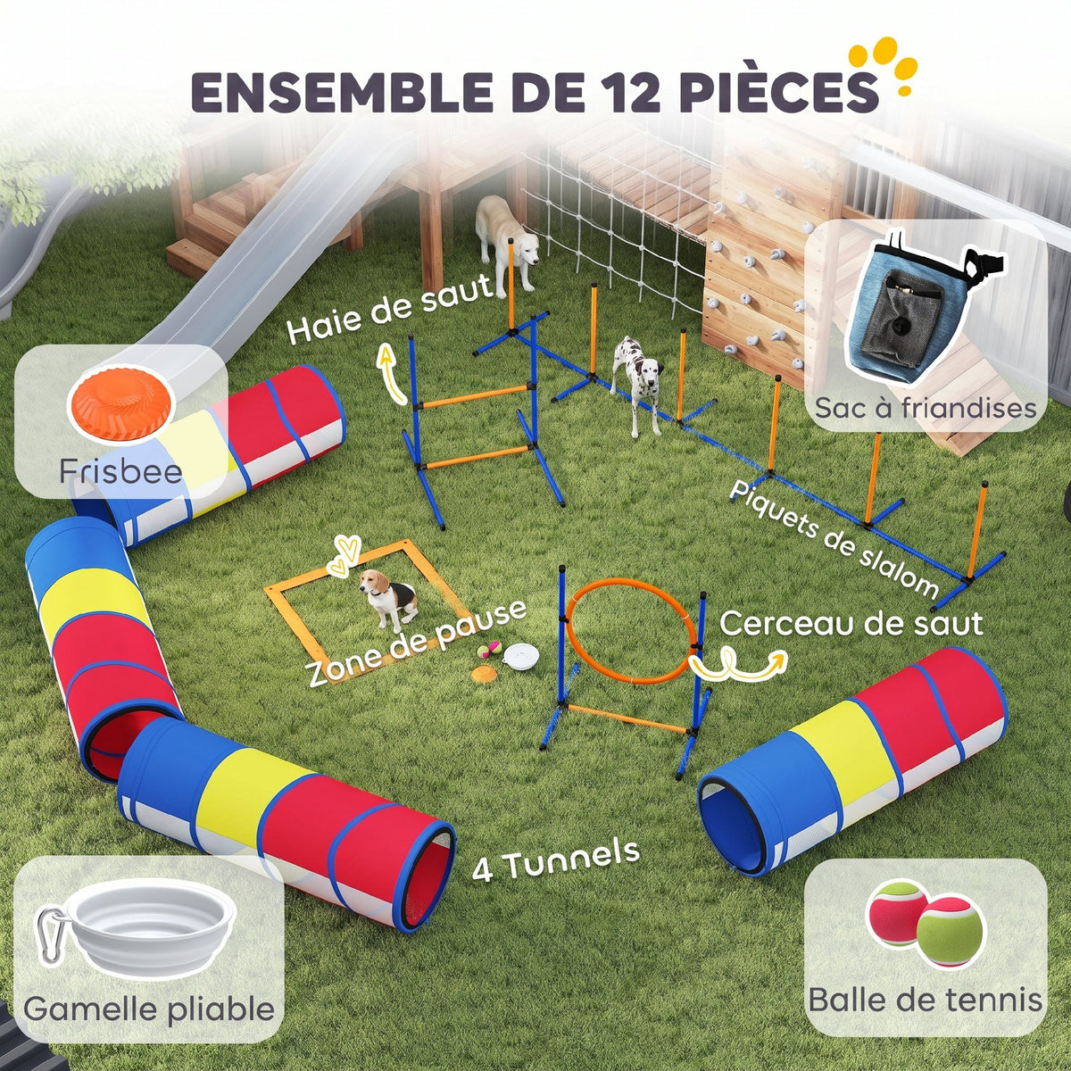 Équipement d'Agilité pour Chien 12 Pièces, 4 Tunnels, Sauts Ajustables, Anneau, Slaloms, 357x65x68cm, Multicolore