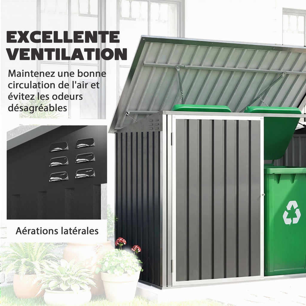 Cache Poubelle Double Abri de Jardin 2 Poubelles de 240L Couvercle Lié par Chaînes Vérins à Gaz 179,5x108x129,5cm Gris