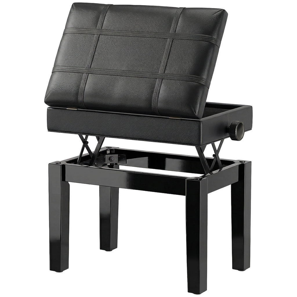 Banquette tabouret siège pour piano coffre intégré hauteur réglable bois hévéa assise revêtement synthétique noir