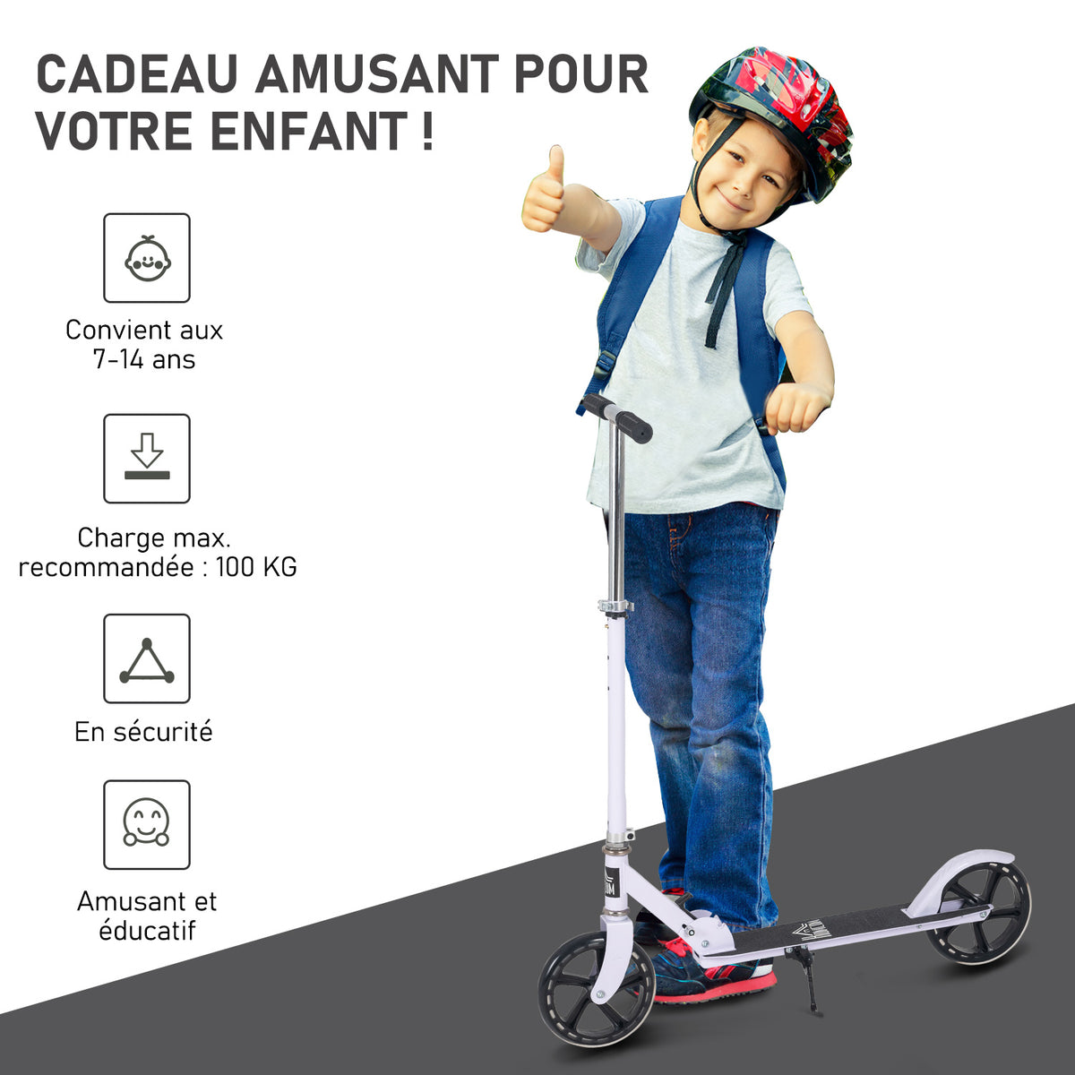 Trottinette Pliable Hauteur Guidon réglable sur 4 Niveaux système de freinage arrière pour enfant adolescent pois max. 100KG dim. 88L x 37l x 75-100H cm Blanc