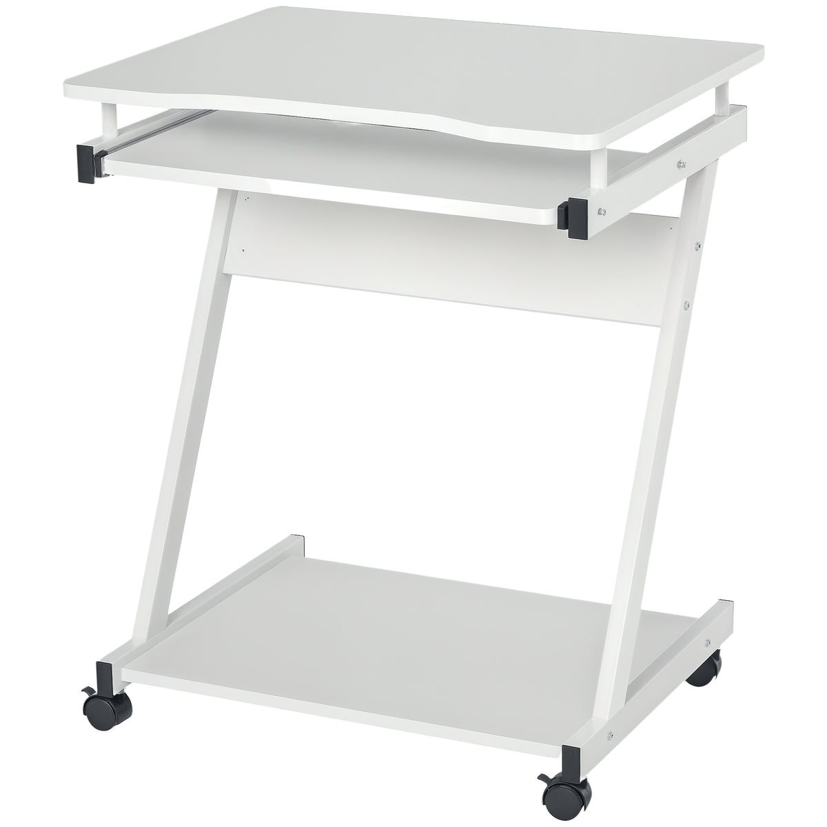 Bureau Informatique Roulant - Bureau Mobile - Table d'ordinateur - Tablette coulissante Clavier + étagère - Blanc
