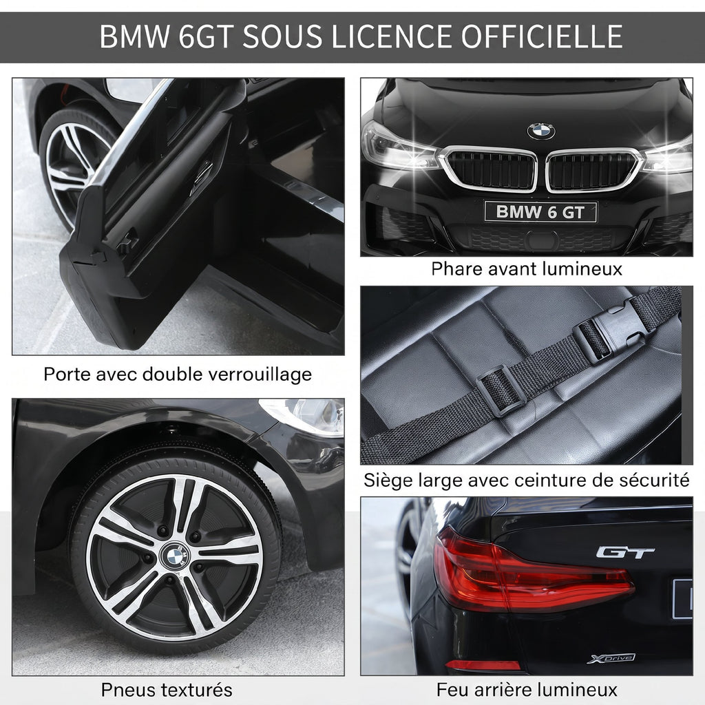 Voiture électrique Enfants 6 V 3 Km/h Max. Effets sonores et Lumineux télécommande Incluse Noir BMW 6 GT