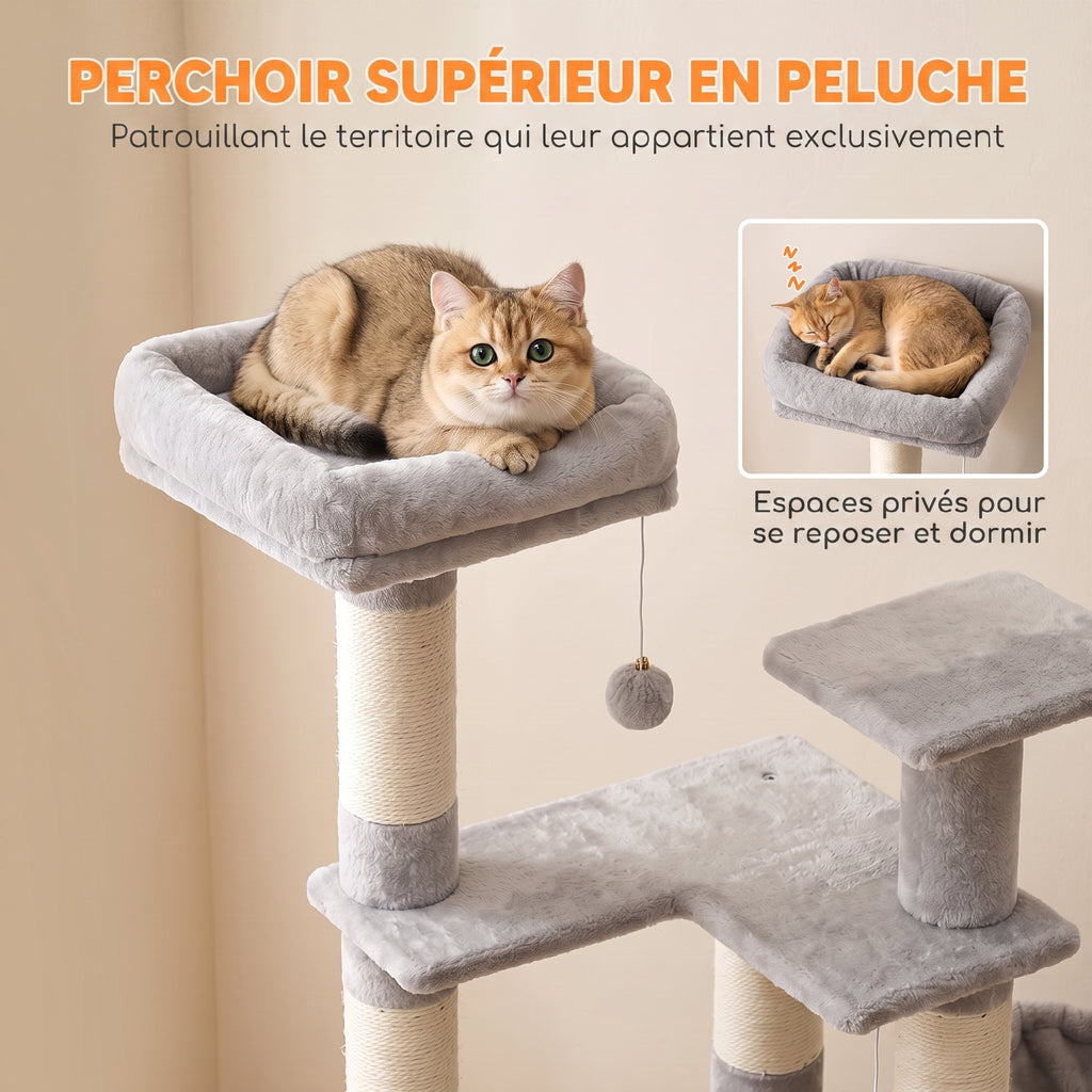 Arbre à Chat 5 niveaux 152cm, Niche, Hamac, Plateforme, Poteaux à Griffer, Balles Suspendues, Gris Clair