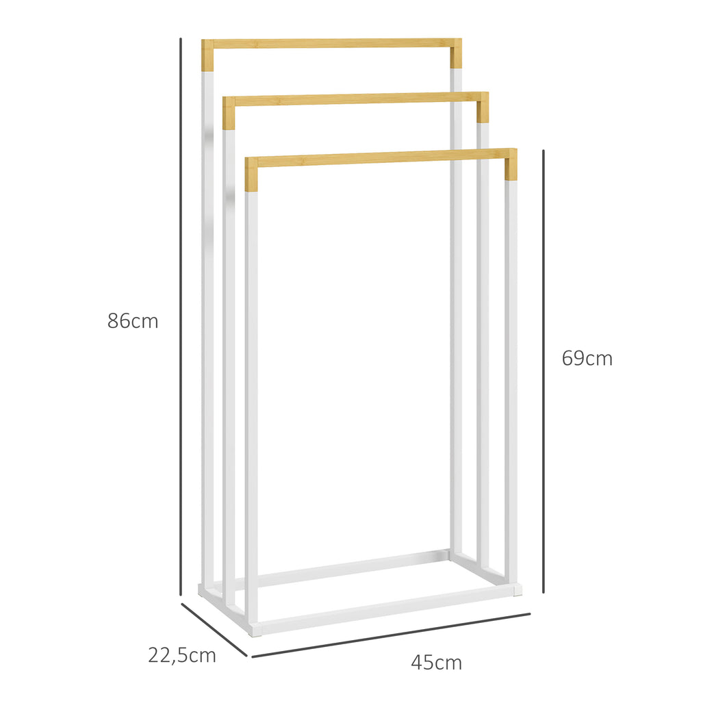 Porte-serviettes en bambou et acier sur pieds avec 3 barres support pour serviette 45 x 22,5 x 86 cm blanc et naturel