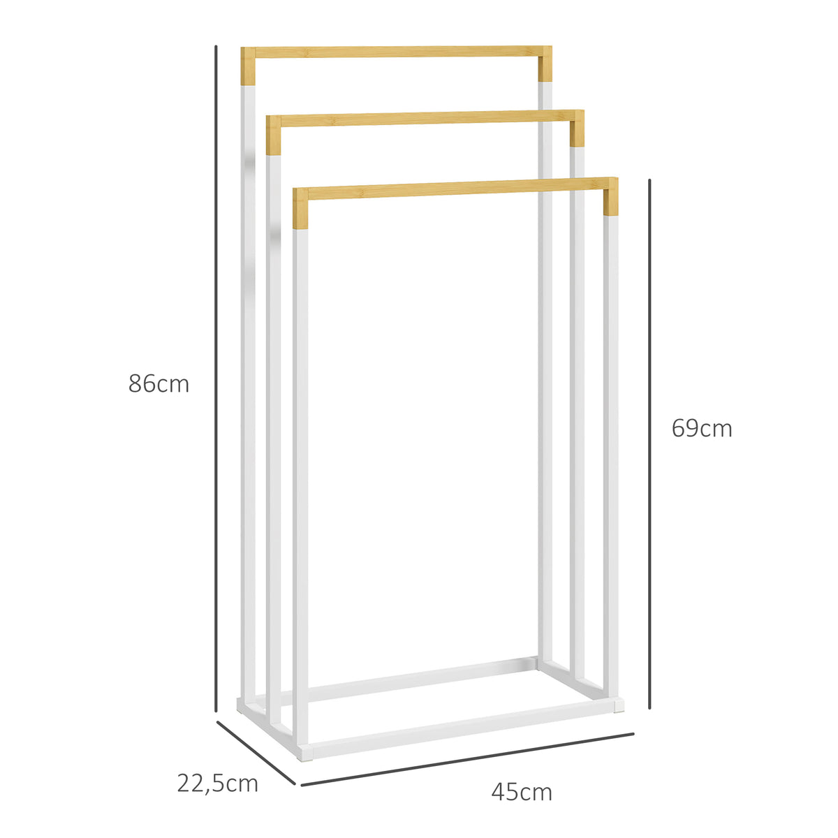 Porte-serviettes en bambou et acier sur pieds avec 3 barres support pour serviette 45 x 22,5 x 86 cm blanc et naturel