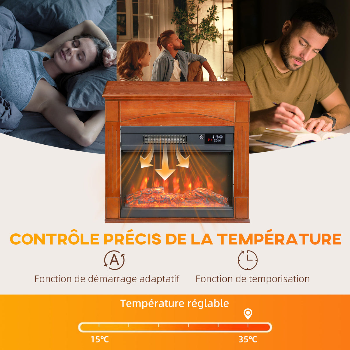 Cheminée électrique 1000W/2000W, fausse cheminée effet flamme 3D à 6 couleurs et 3 luminosités, 68,5x27,5x63cm, marron