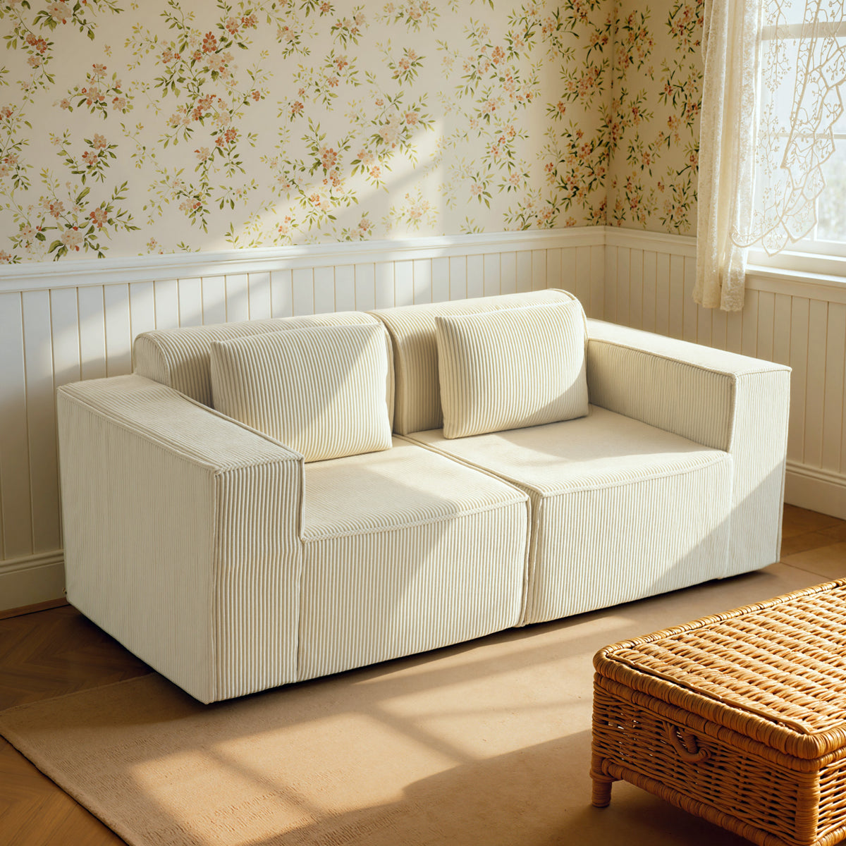 Canapé 3 places en velours côtelé, canapé rembourré, larges accoudoirs, 2 coussins, pas de montage, 202x90x76cm, beige