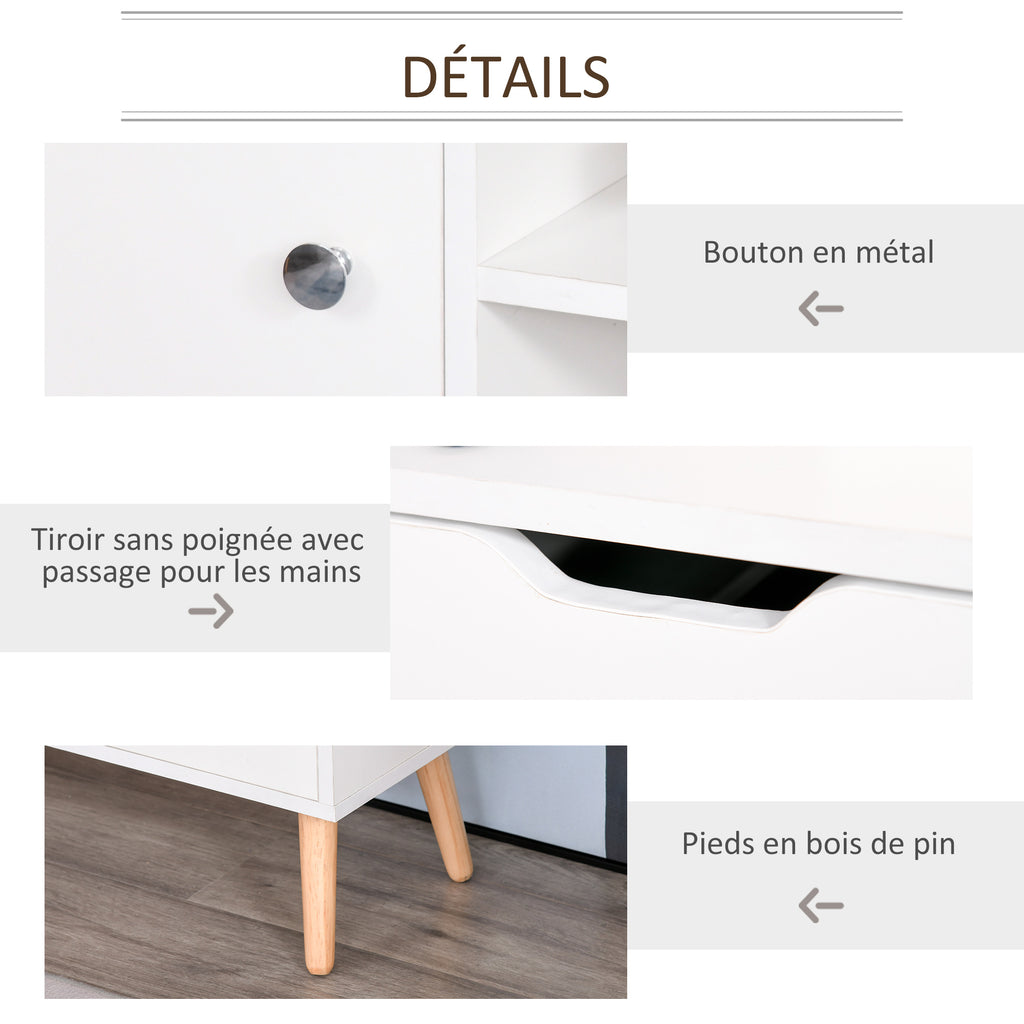 Meuble TV Banc TV Style scandinave Placard 2 niches 2 tiroirs Passe-Fils Panneaux Particules Blanc Bois pin
