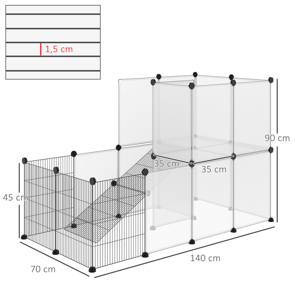 Enclos lapin interieur, 2 niveaux, parc modulable pour petits animaux, 27pcs, 140 x 70 x 90 cm, noir