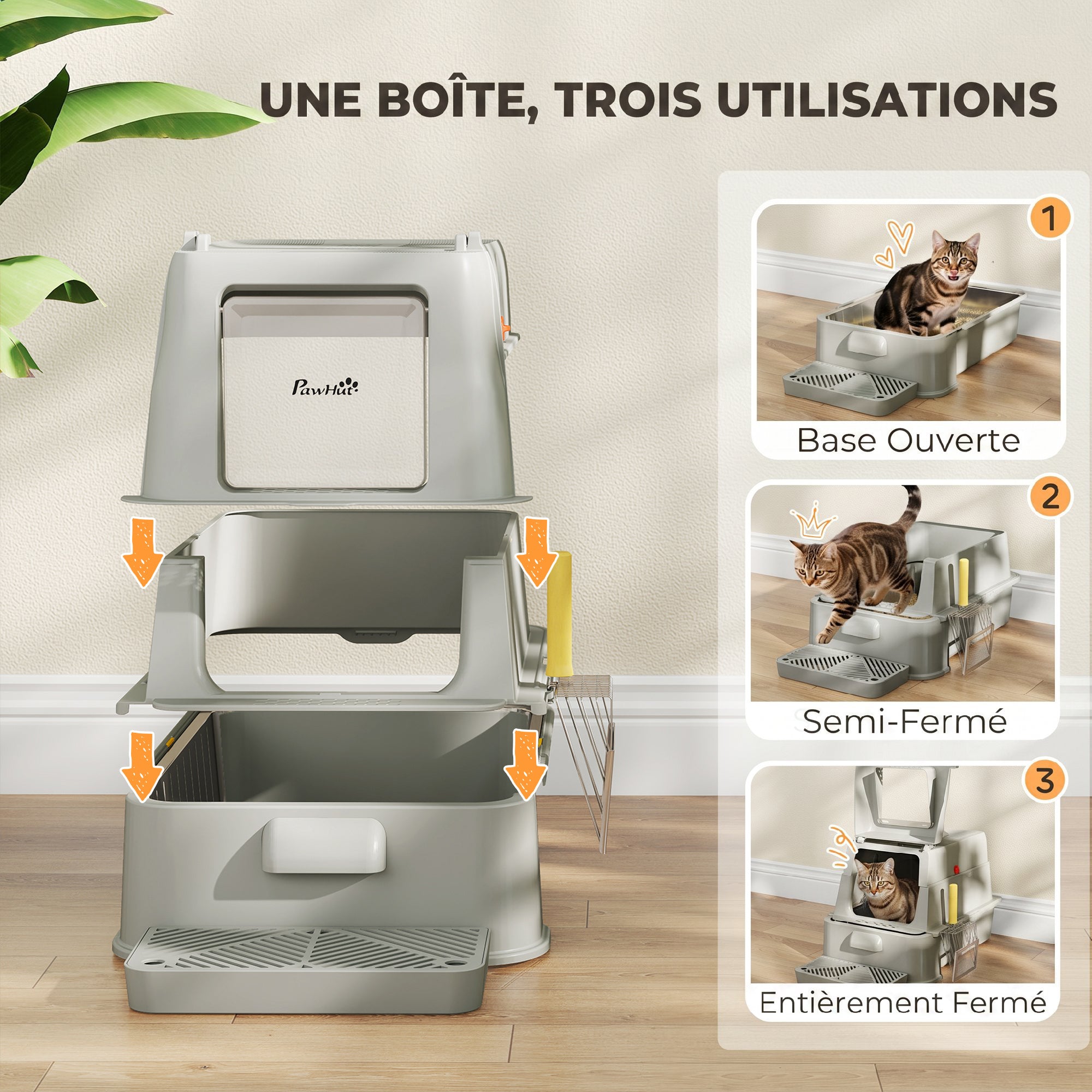 Bac à Litière pour Chat 80L en Inox avec Couvercle Rabattable à 180°, Tiroir Coulissant, Pelle, 63x43x43cm, Gris Clair