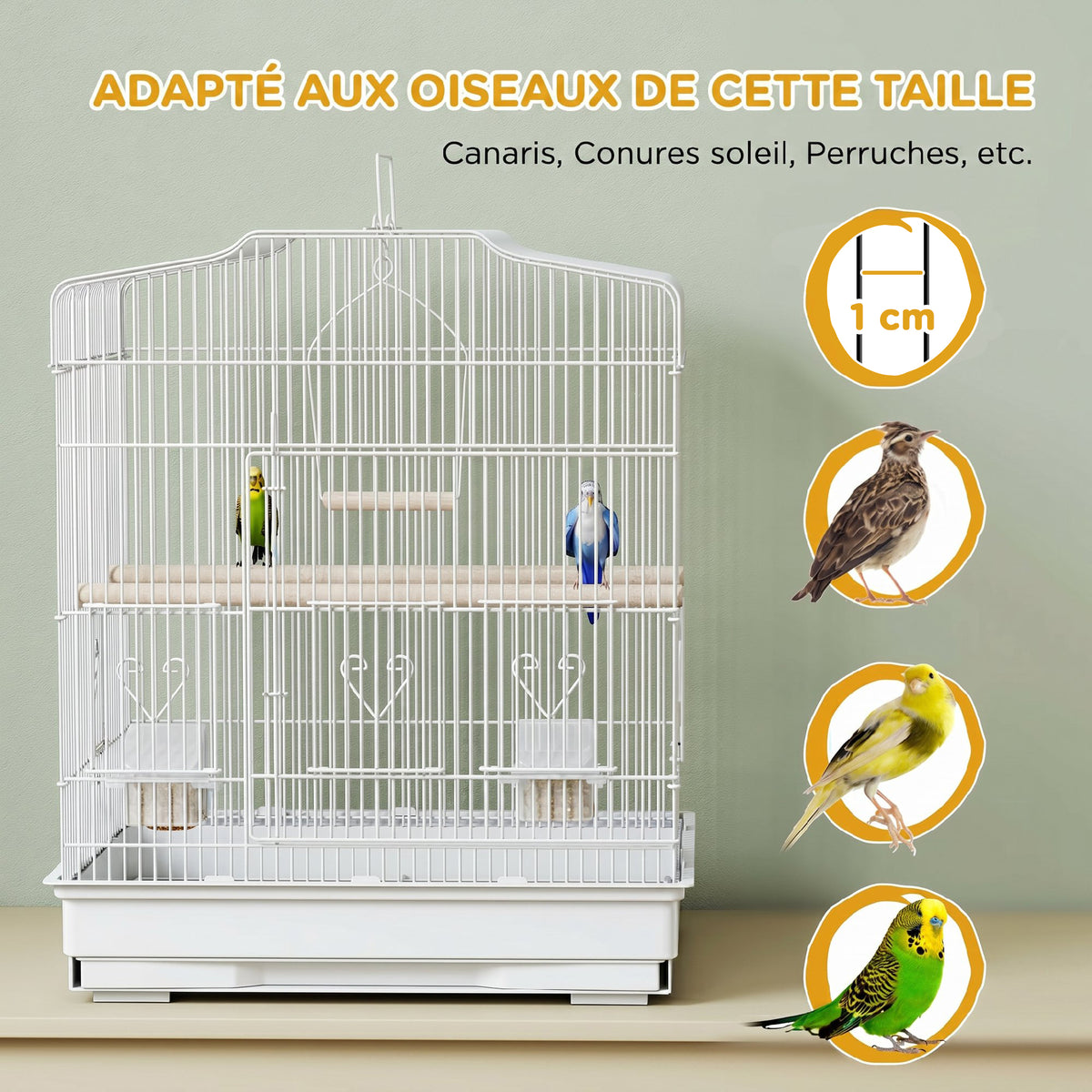 Cage à Oiseaux Volière avec Mangeoires, Perchoirs, Plateau Excrément Amovible, 46,5 x 36 x 59 cm, Blanc