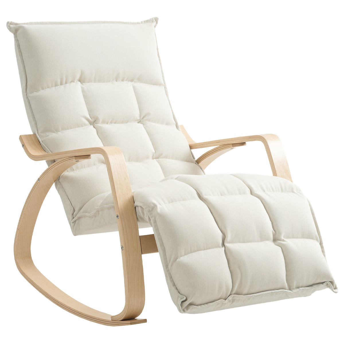 Fauteuil à bascule avec repose-pieds ajustable, rocking chair avec pieds en bois de bouleau, 67 x 106-123 x 92 cm, crème