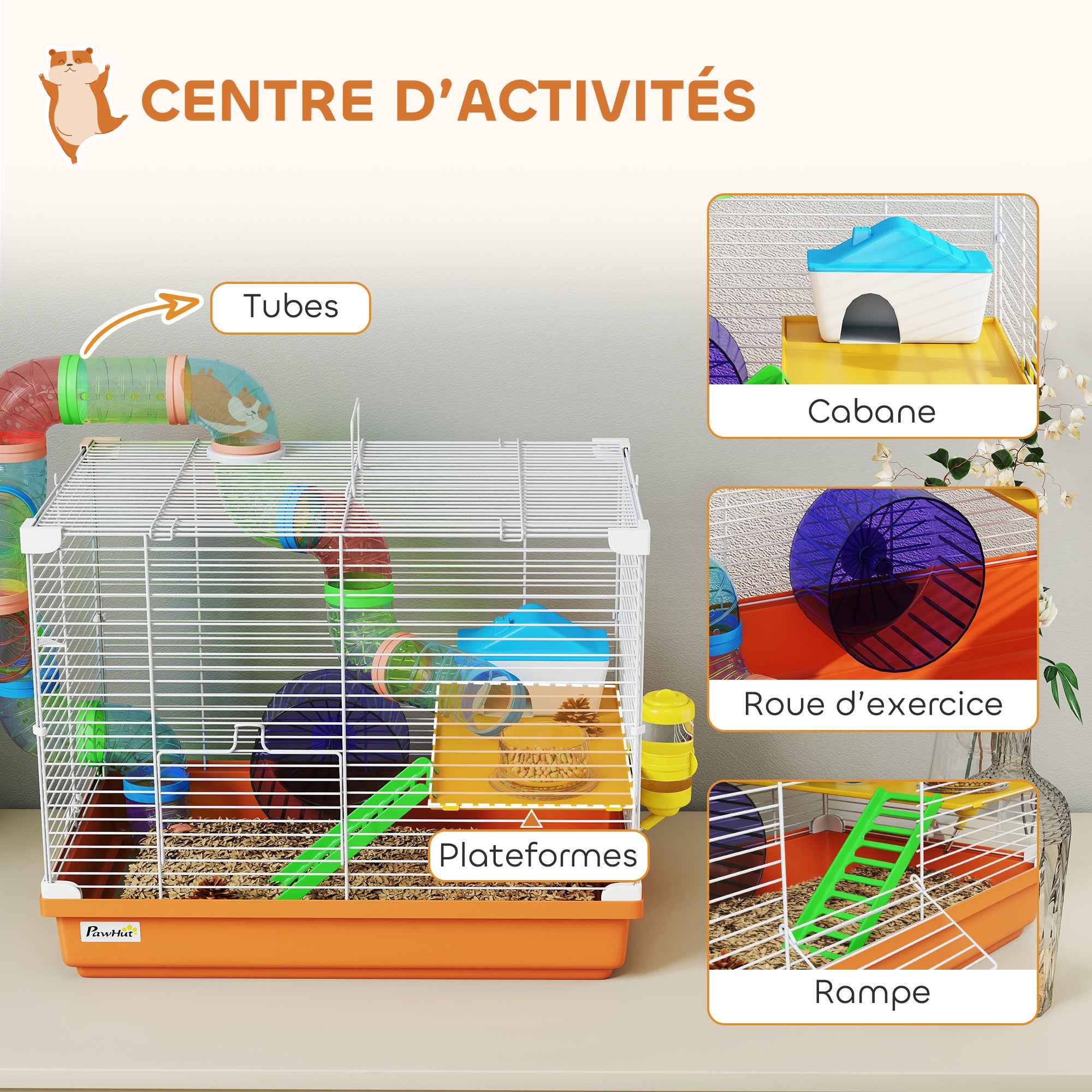 Cage à Hamster Rongeur 2 Niveaux avec Tunnel, Biberon d'Eau, Roue, Maisonnette, Échelles, 46 x 30 x 37 cm, Orange