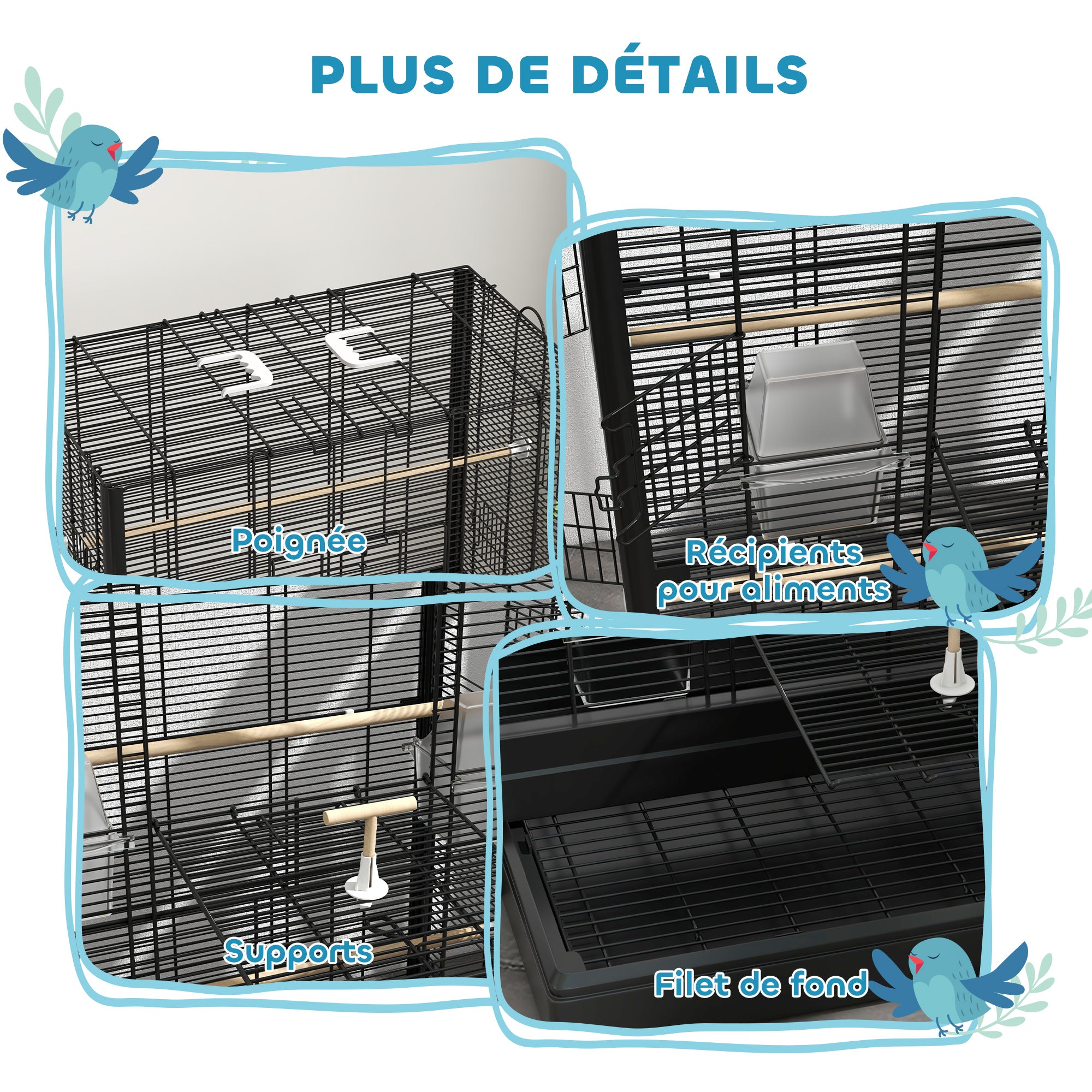 Cage à oiseaux volière avec portes perchoirs cage pour canaris perruches perroquets 61 x 36,5 x 98 cm noir