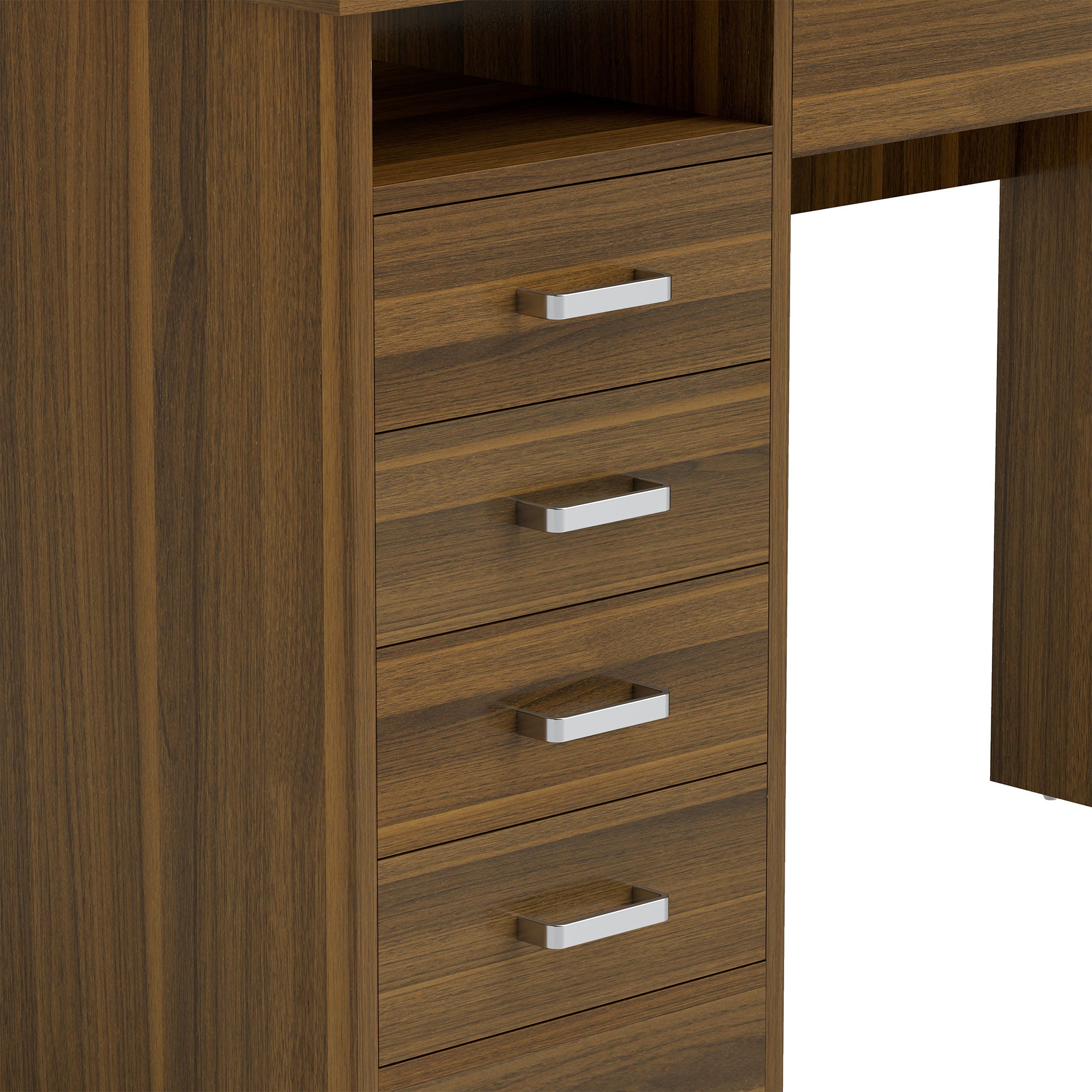 Bureau Informatique avec 5 Tiroirs, 110 x 50 cm, Bureau avec Rangement, Étagère Ouverte, Tiroir Verrouillable, Noyer