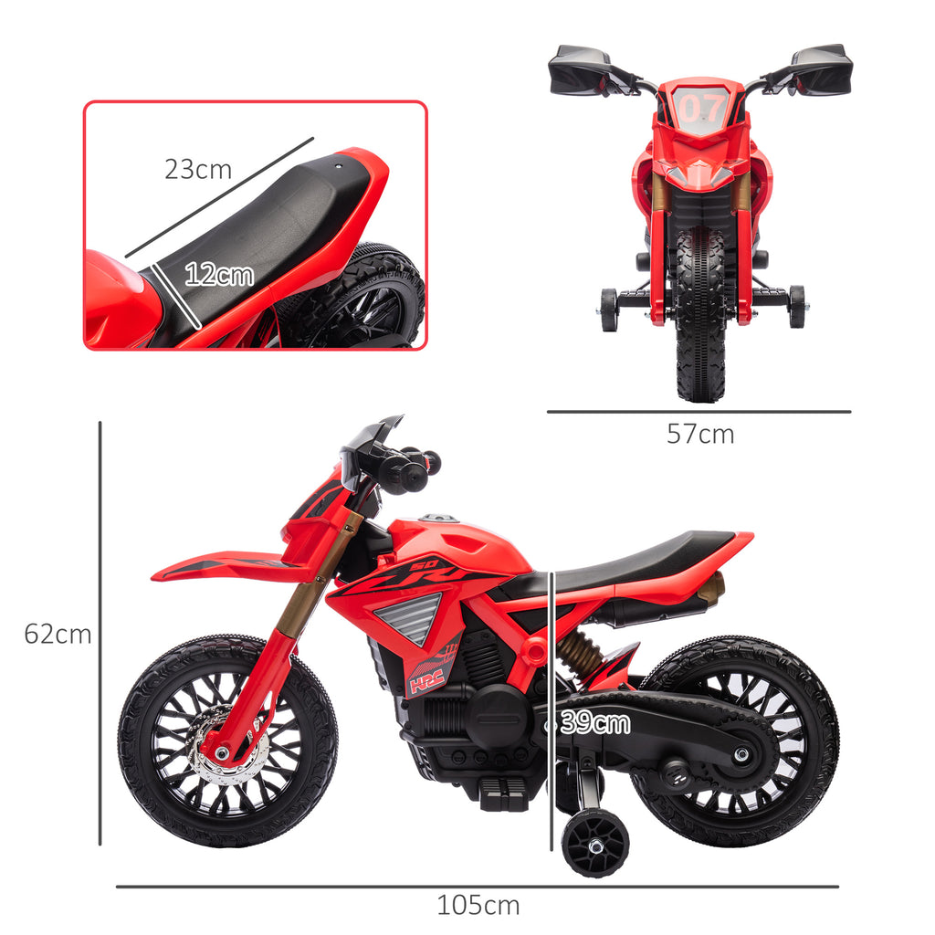 Moto cross électrique pour enfants 3-8 ans, batterie 6 V, 2 moteurs, klaxon et roues d'entraînement, charge 30KG, rouge