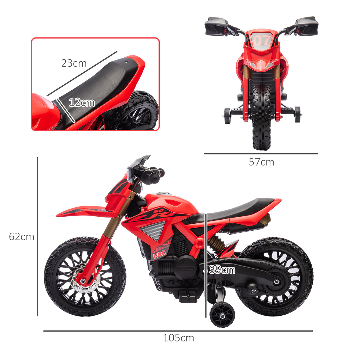 Moto cross électrique pour enfants 3-8 ans, batterie 6 V, 2 moteurs, klaxon et roues d'entraînement, charge 30KG, rouge