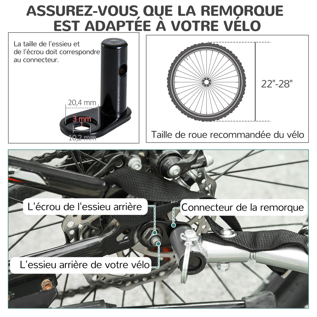 Remorque vélo pour Chien Animaux 8 réflecteurs Drapeau Barre attelage Inclus Acier Polyester imperméable Max. 30 Kg 130L x 73l x 90H cm Rouge