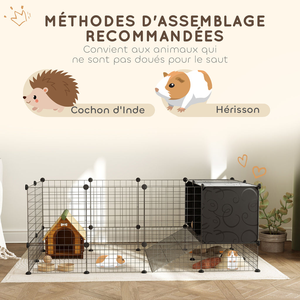 Enclos pour petits animaux, cage à lapin modulable 31 panneaux avec niches surélevées, en acier, 140x70x52cm, noir