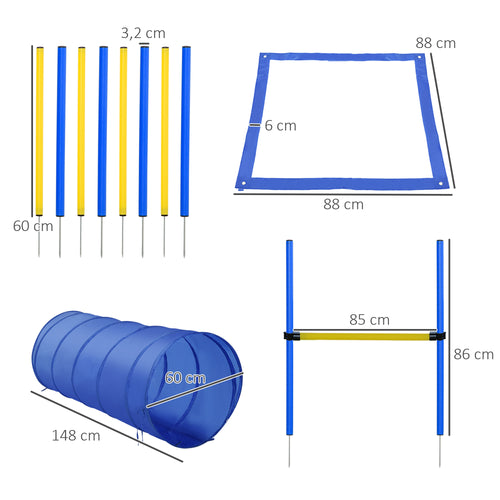 Agility sport pour chiens équipement complet obstacle, tunnel, slalom, zone repos + sac de transport bleu jaune