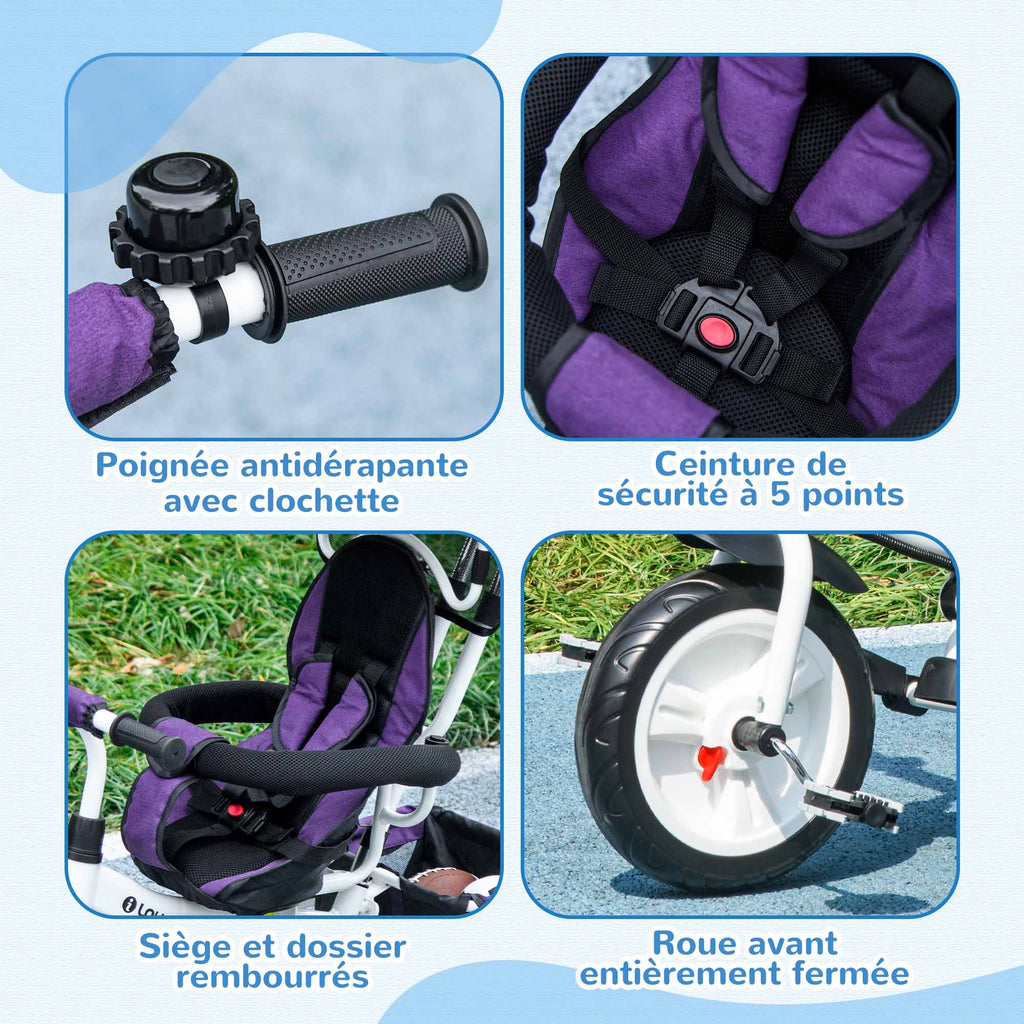 Tricycle enfant évolutif pare-soleil pliable canne télescopique amovible 95 x 50 x 106 cm acier violet blanc
