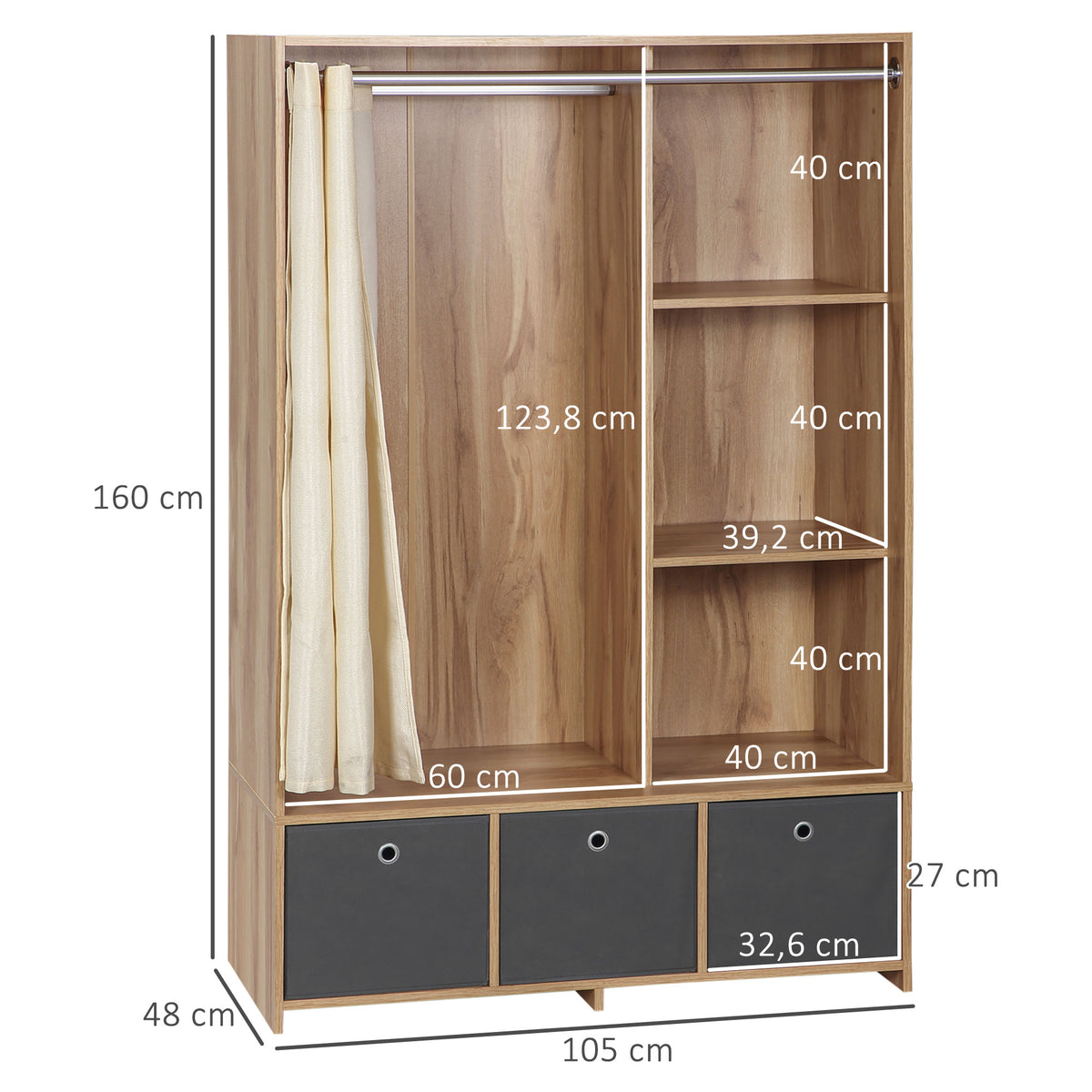 Armoire penderie armoire de rangement avec tringle rideaux 3 tiroirs en tissu amovibles 105 x 48 x 160 cm naturel