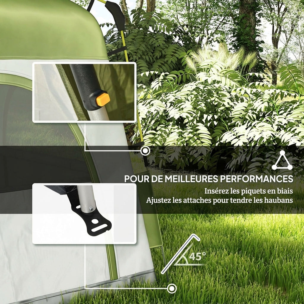 Tente de camping pop-up 3 personnes, dôme familiale avec 4 portes, 4 fenêtres et sac de transport – Vert et gris