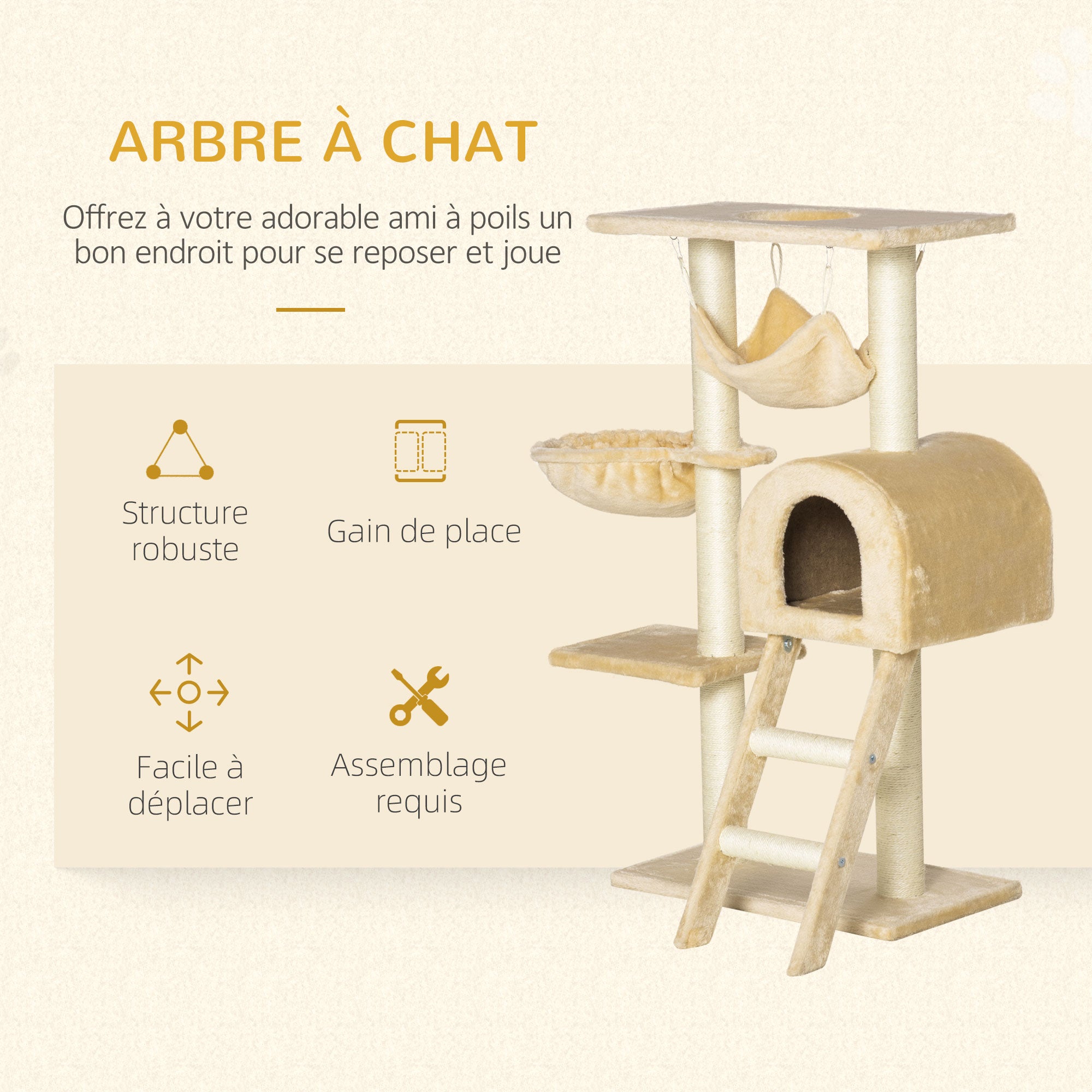Arbre à chat griffoir arbre à grimper stable à plusieurs niveaux centre d'activités hauteur 98 cm beige