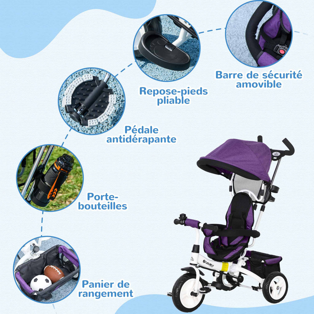 Tricycle enfant évolutif pare-soleil pliable canne télescopique amovible 95 x 50 x 106 cm acier violet blanc