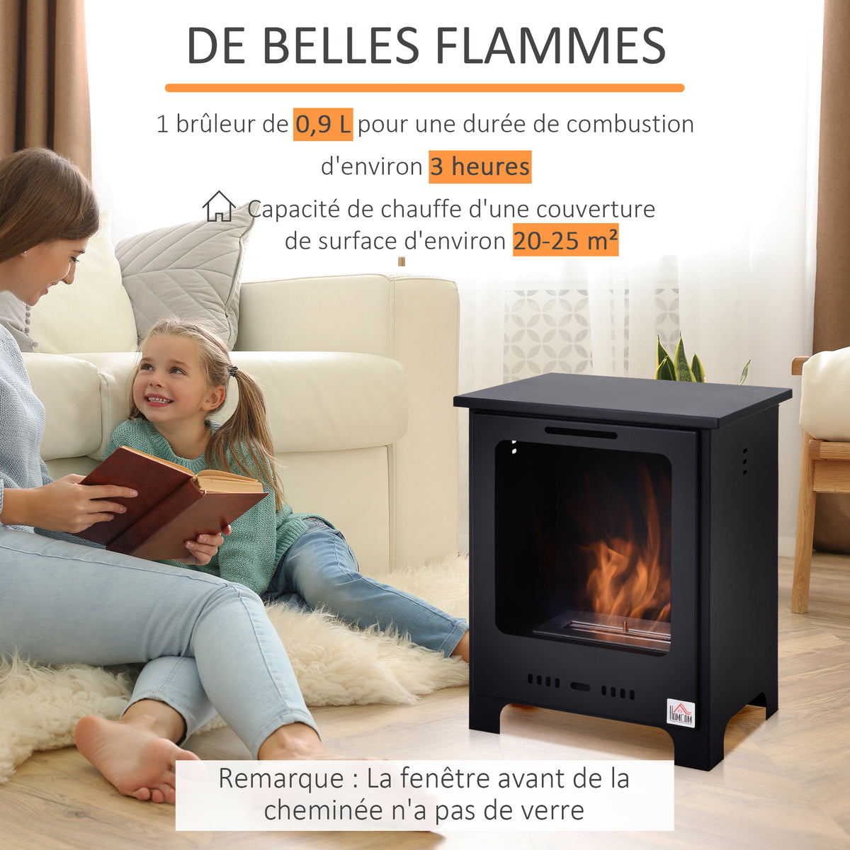 Cheminée bioéthanol sur Pieds brûleur 0,9 L, 3h de durée de combustion Style néo-rétro poêle dim. 40L x 30l x 50H cm Couverture 20-25 m² Noir