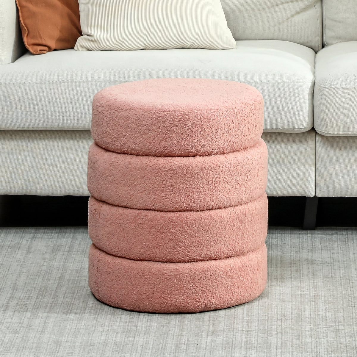 Repose pied salon, tabouret ottoman rond rembourré en peluche Teddy, pour chambre à coucher, entrée, Ø 40 x 45 cm, rose