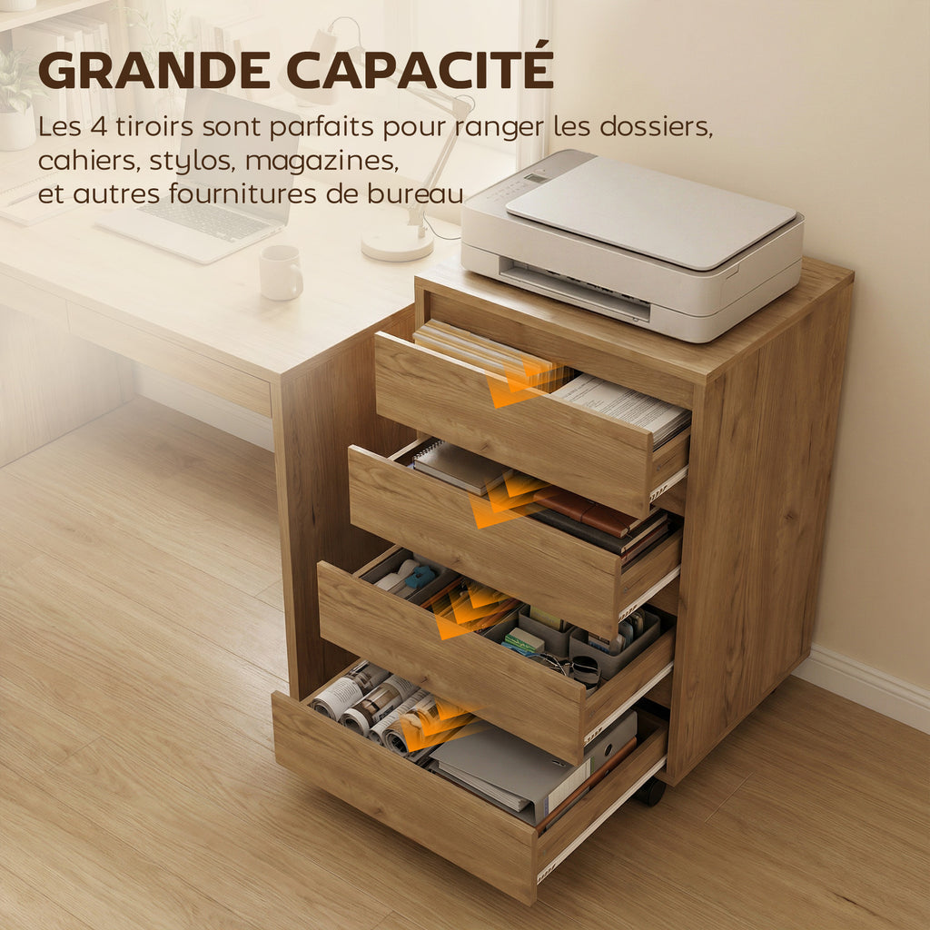 Caisson de bureau rangement bureau sur roulettes 4 tiroirs coulissants en bois aspect bois marron