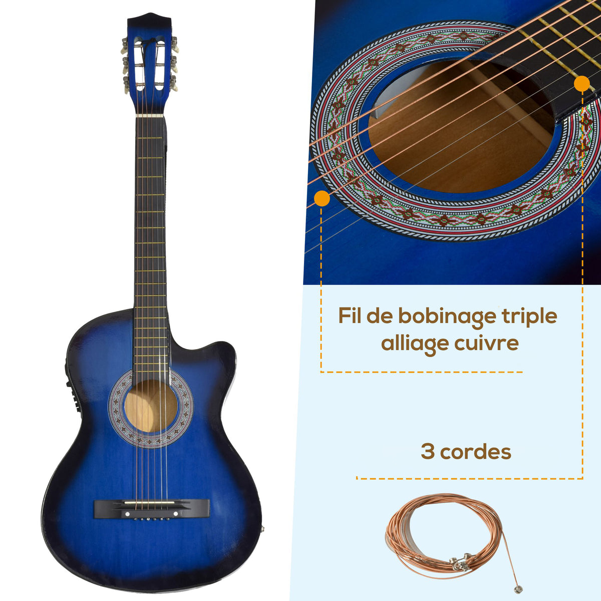 Pack guitare électrique kit guitare électrique avec sac, sangle, corde, médiators, câble, 96,5x35,8x8,5cm, bleu et noir