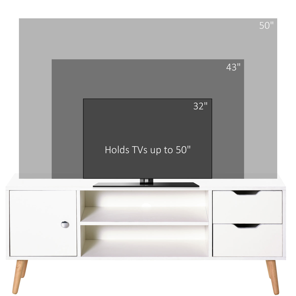 Meuble TV Banc TV Style scandinave Placard 2 niches 2 tiroirs Passe-Fils Panneaux Particules Blanc Bois pin